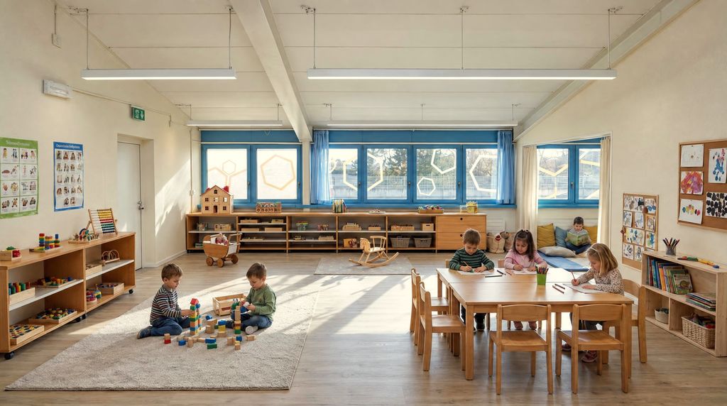 Aula della scuola dell’infanzia con bambini che giocano sul tappeto